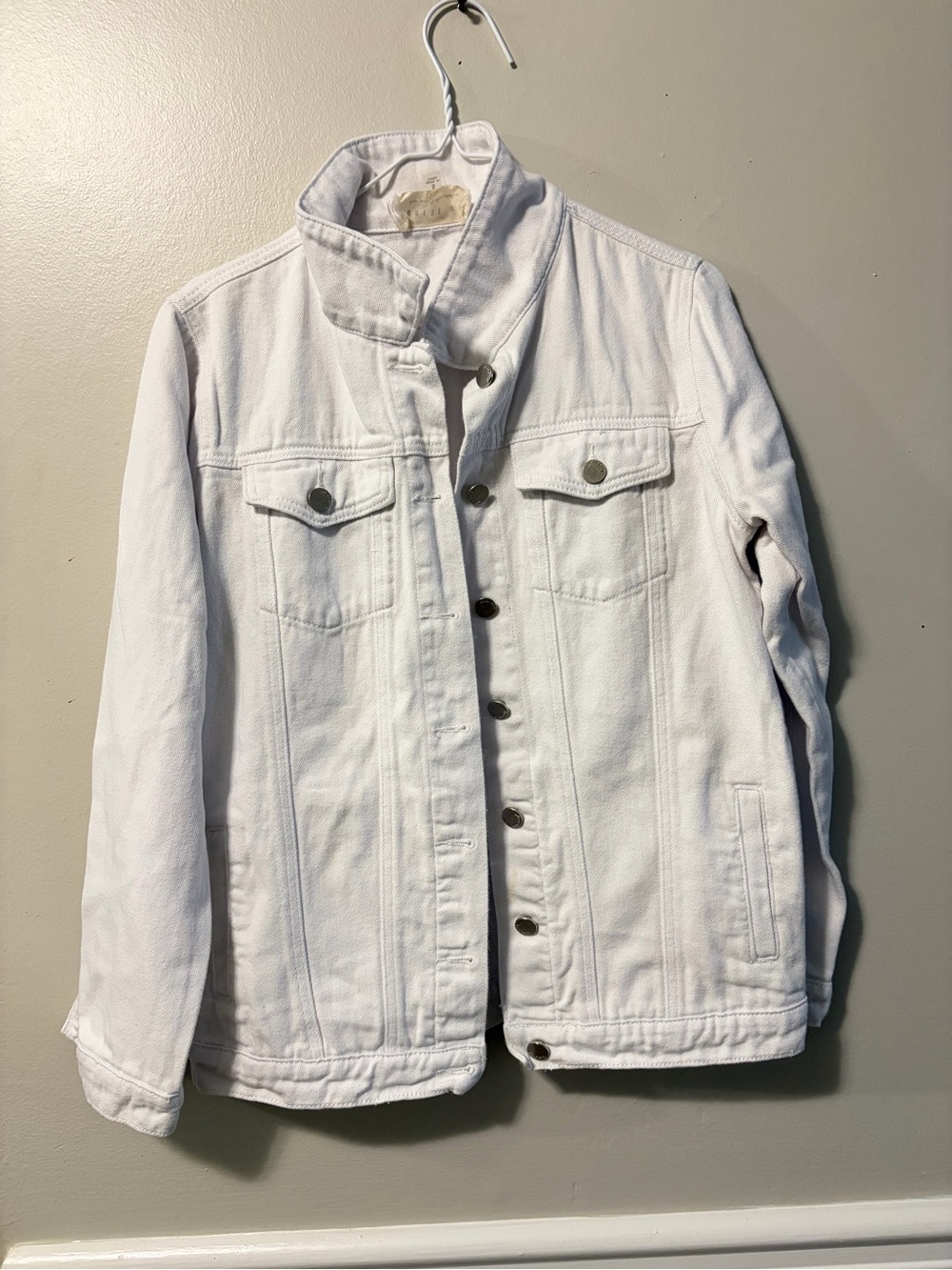 Women's White Denim Jacket with High Stand Collar